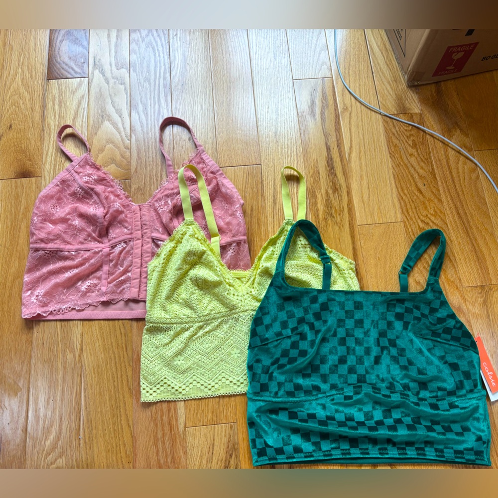 3 bralettes green, yellow and pink